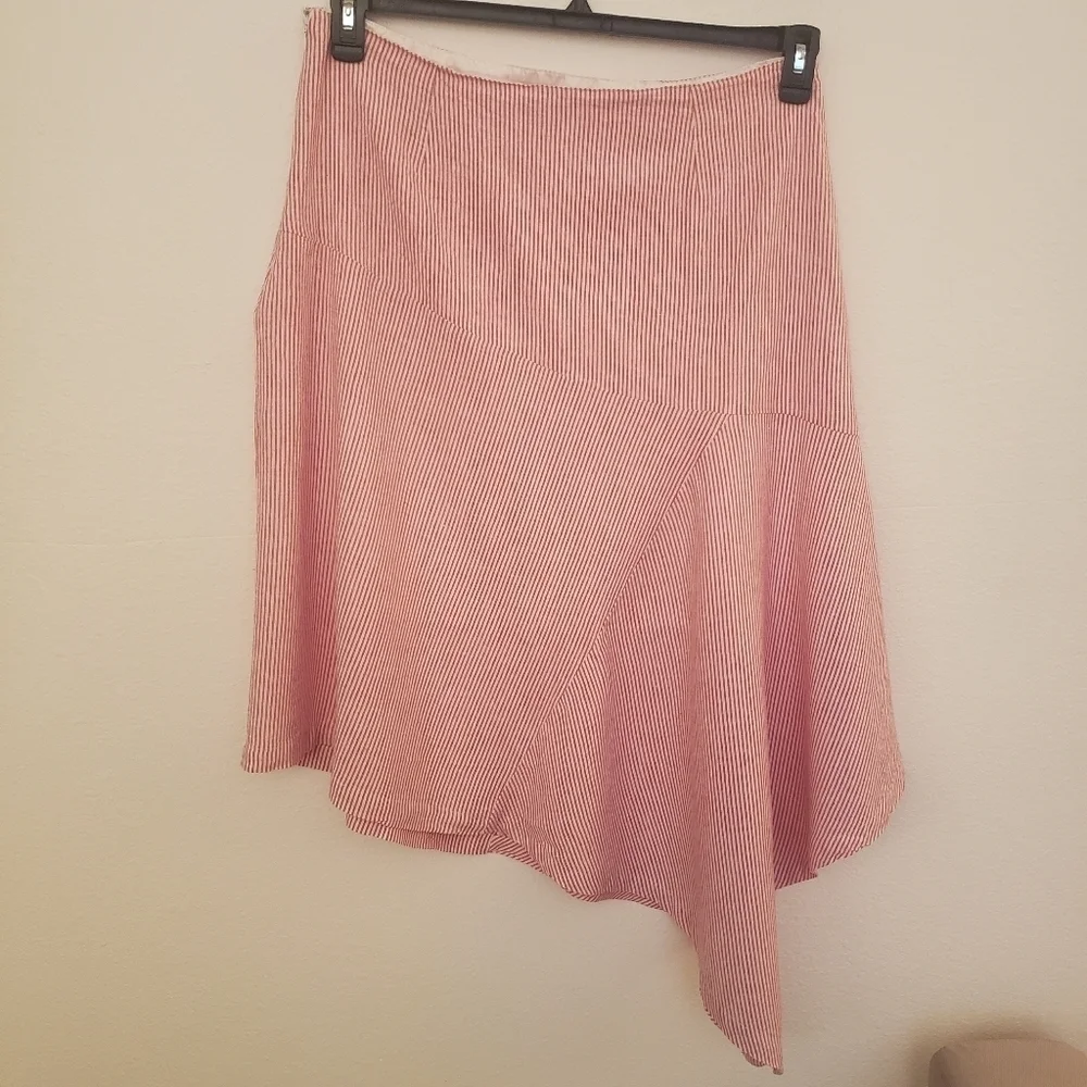 Red/White Striped Asymmetrical Linen Blend Skirt Marked Size 1X But Small EUC